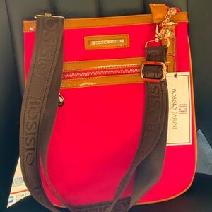 Women's Red Crossbody Bag with Brown Trim
